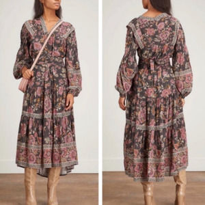 Sea New York Tess Floral Ankle Maxi Puff Sleeve Dress Brown Women's Size XS